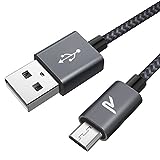 RAMPOW Micro USB Cable [6.6ft] Long Android Charger Cord - QC 3.0 Fast Charge & Sync - Nylon Braided Fast Charger 2.4A for Samsung Galaxy S5/S6/S7, HTC, LG, Kindle, Sony, PS4, and More - Space Gray