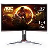 AOC C27G2Z 27' Curved Frameless Ultra-Fast Gaming Monitor, FHD 1080p, 0.5ms 240Hz, FreeSync, HDMI/DP/VGA, Height Adjustable, 3-Year Zero Dead Pixel Guarantee, Black, Xbox PS5 Switch