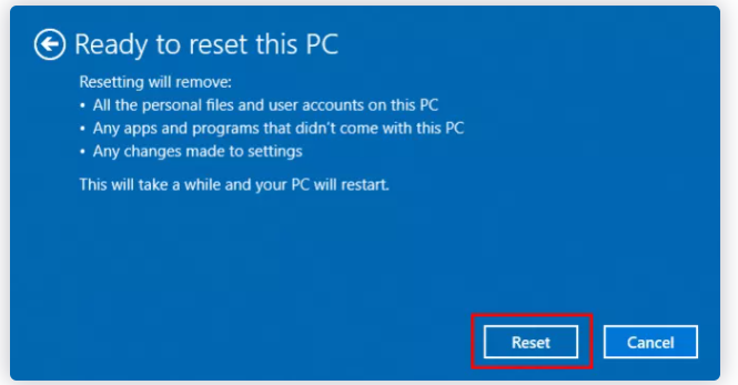 windows 10 ready to reset this pc